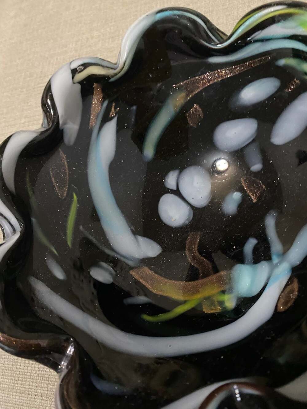 Vintage Murano Black Art Glass Ruffled Bowl with Aventurine Swirls, 7"
